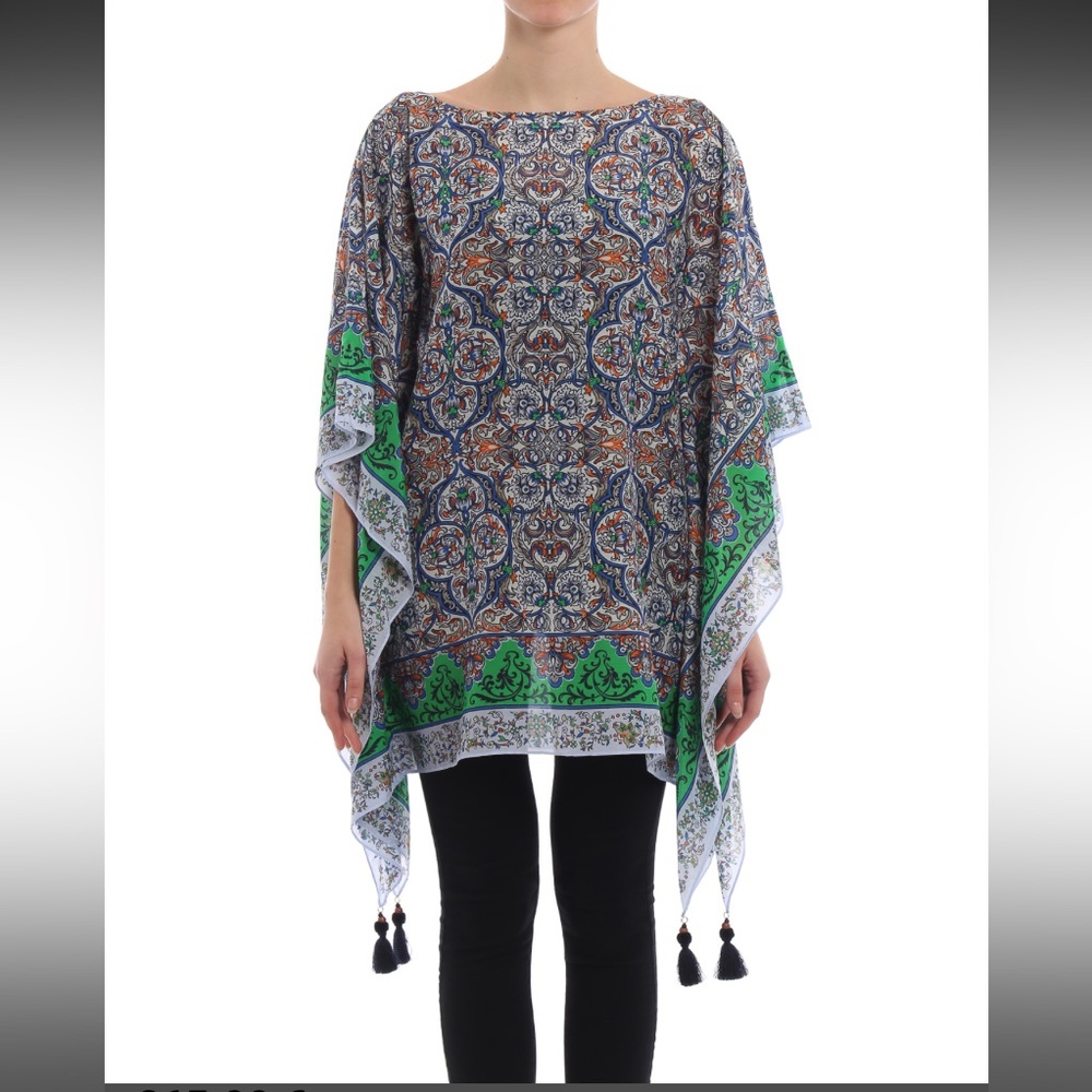 New Tory Burch Grand Voyage Classic Silk Caftan Coverup Floral Green Tassels L - Picture 2 of 10